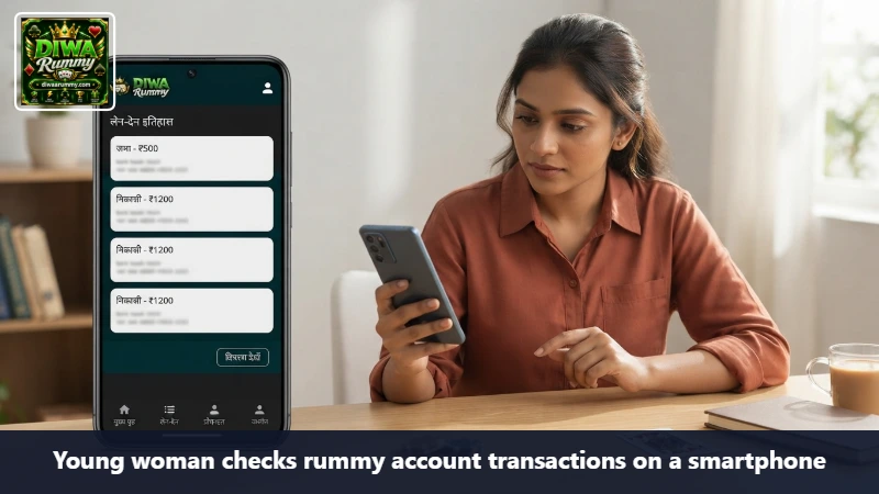 Young woman checks rummy account transactions on a smartphone