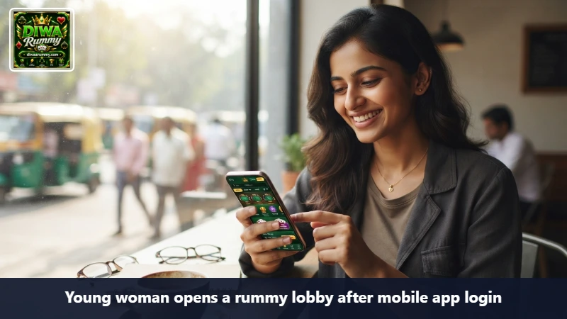 Young woman opens a rummy lobby after mobile app login