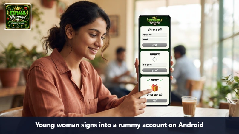Young woman signs into a rummy account on Android
