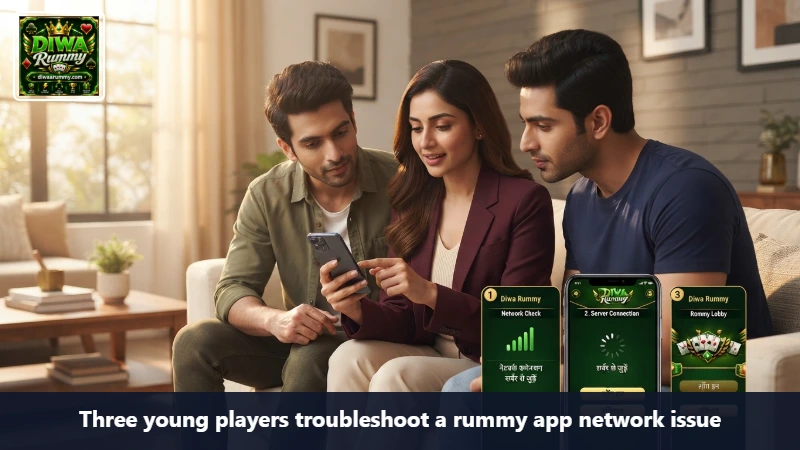 Three young players troubleshoot a rummy app network issue
