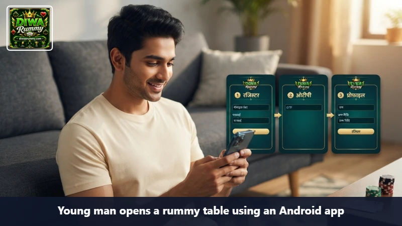 Young man opens a rummy table using an Android app