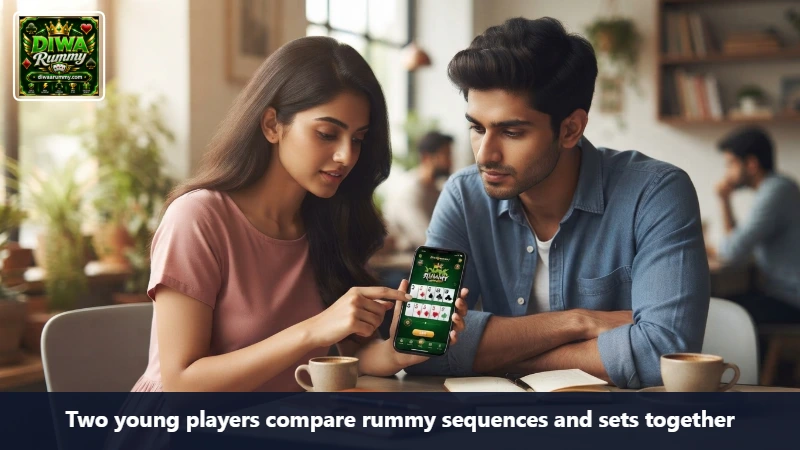Two young players compare rummy sequences and sets together