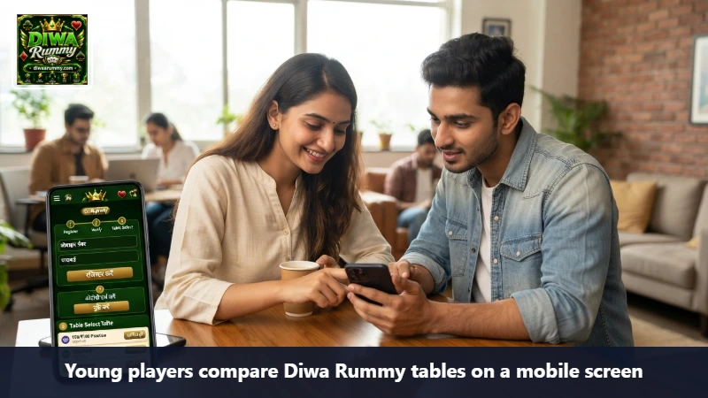Young players compare Diwa Rummy tables on a mobile screen